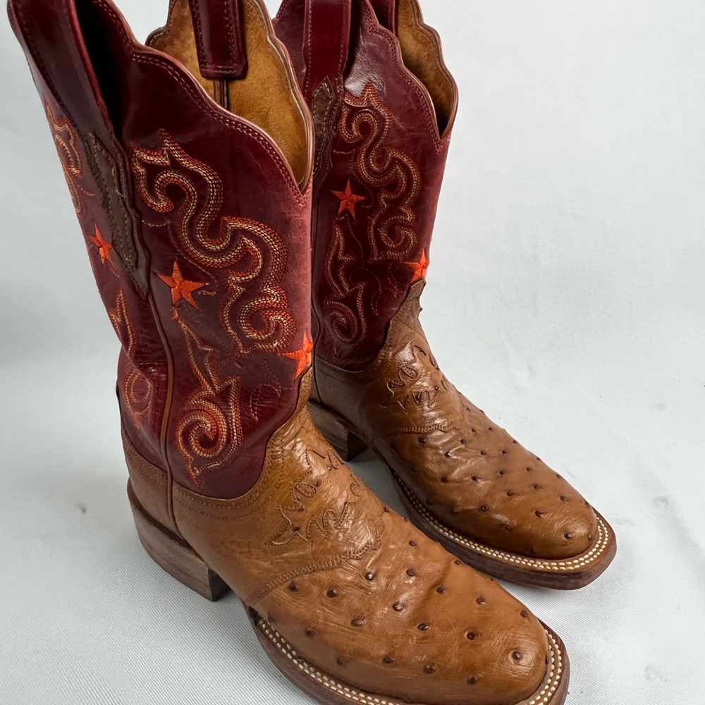 Ladies Lucchese Western Cowboy Boots in Brown and Red with Square Toe